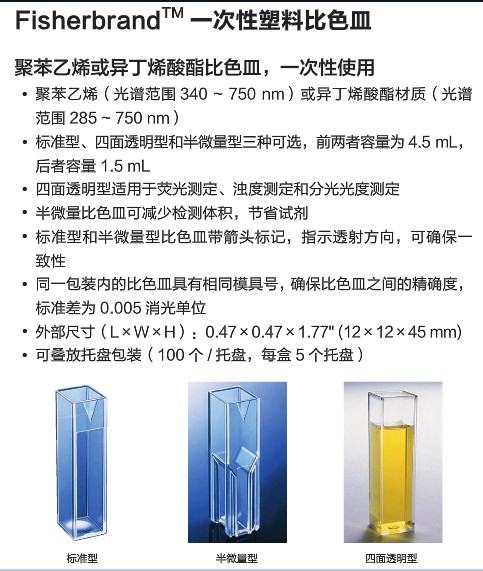 热销一次性比色皿塑料比色皿4.5ml聚苯乙烯比色皿 两光窗进口材料-fisher一次性比色皿