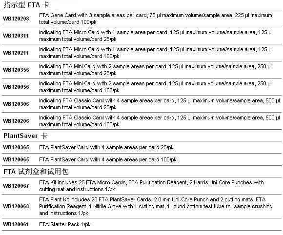 GE Whatman FTA标准卡DNA采集、纯化和分析WB120305