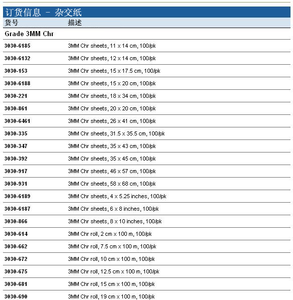 Whatman 沃特曼 纤维素层析纸 Grade 3MM Chr 3030-8613030-704