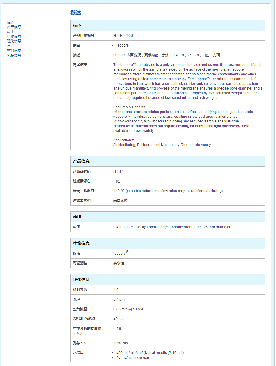 HTTP02500-Millipore白色Isopore聚碳酸酯亲水滤膜