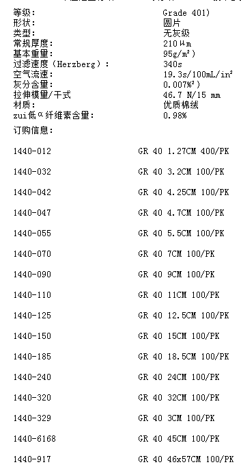 1440-047-沃特曼GR 40无灰级定量滤纸