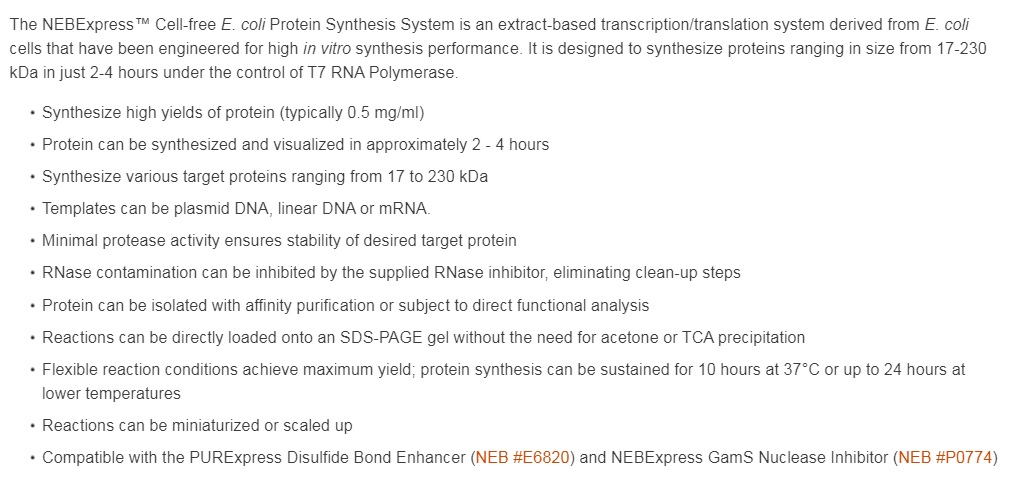 NEBExpress™ Cell-free E. coli Protein Synthesis System            货   号                  #E5360L
