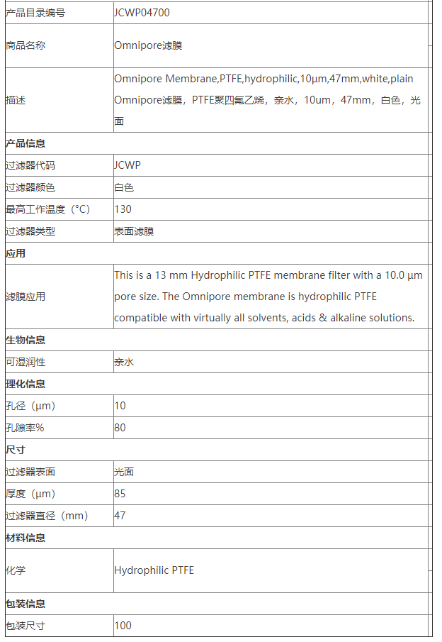 美国密理博Omnipore滤膜PTFE聚四氟乙烯膜JCWP04700