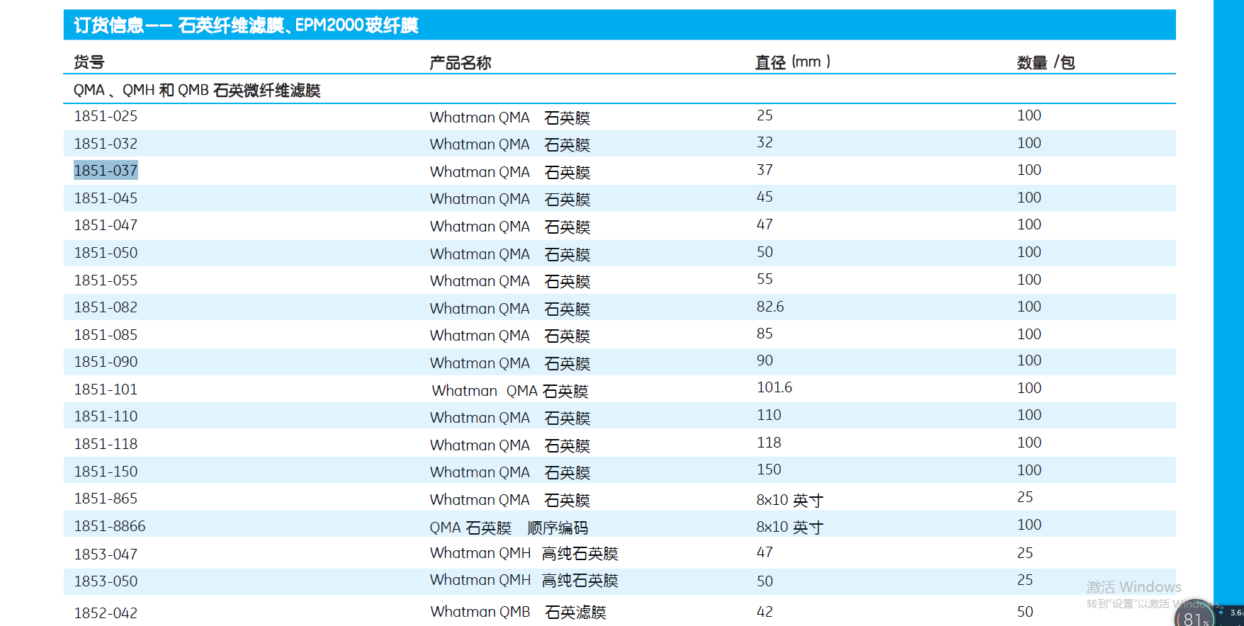 GE WHATMAN 37mm QMA石英滤膜1851-037