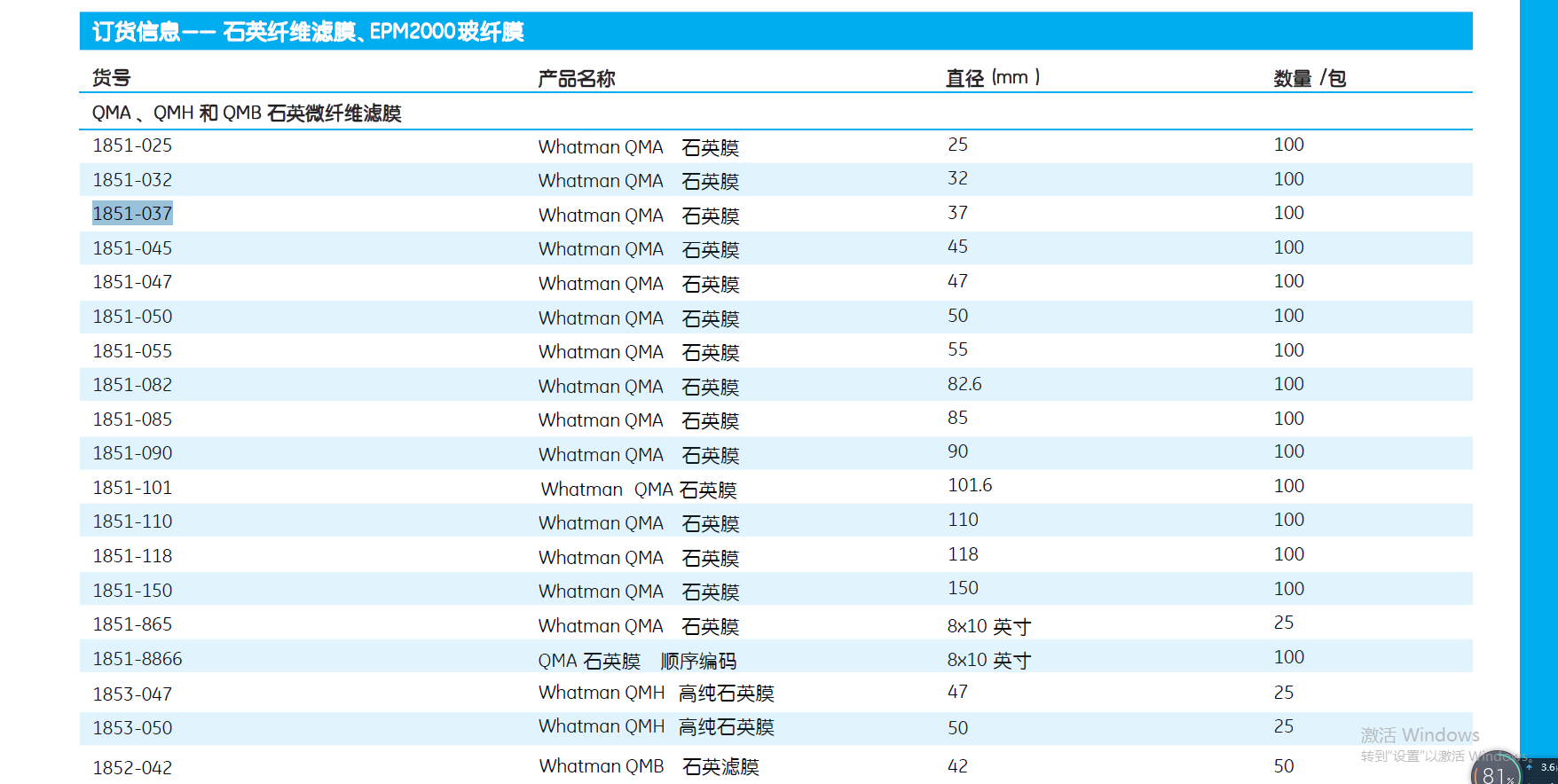 WHATMAN QMA 90mm石英纤维滤膜1851-090