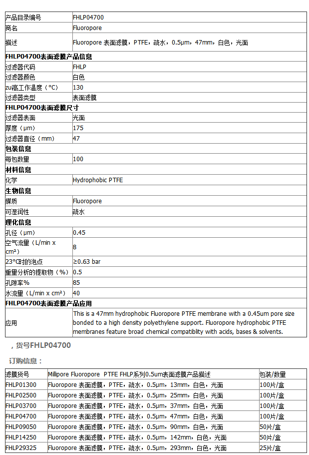 Millipore孔径0.45um聚四氟乙烯疏水滤膜FHLP04700